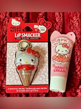 Hello Kitty Lip Smacker Ice Cream Keychain Lip Balm - White & Red and Hand Cream